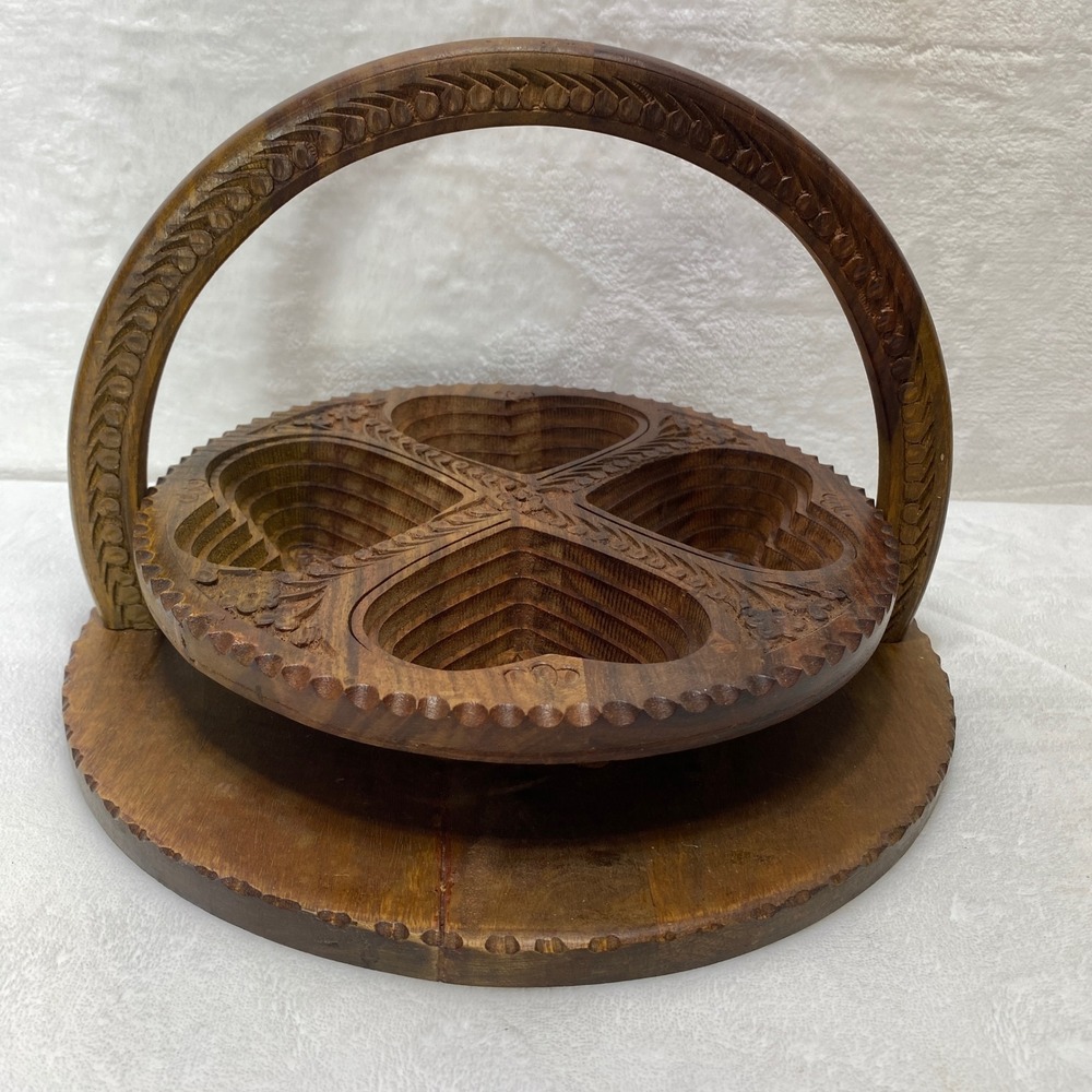 Hand Carved Collapsible Wooden Fruit Basket Heart Design 4 Compartment Trivet